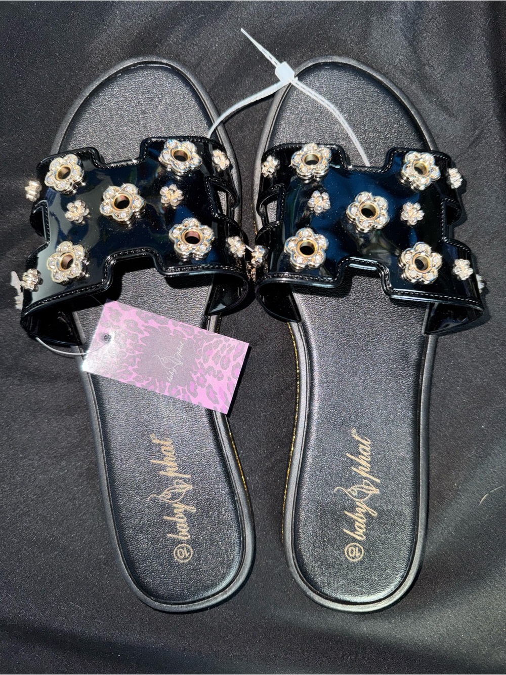 Baby Phat Black Patent Slide Sandals with Gold Floral Accents